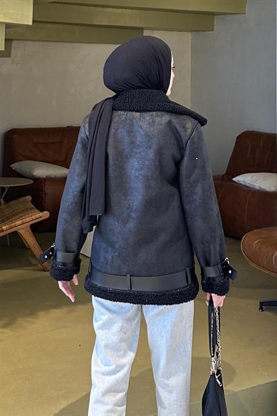 İçi Kürklü Biker Süet Mont Siyah