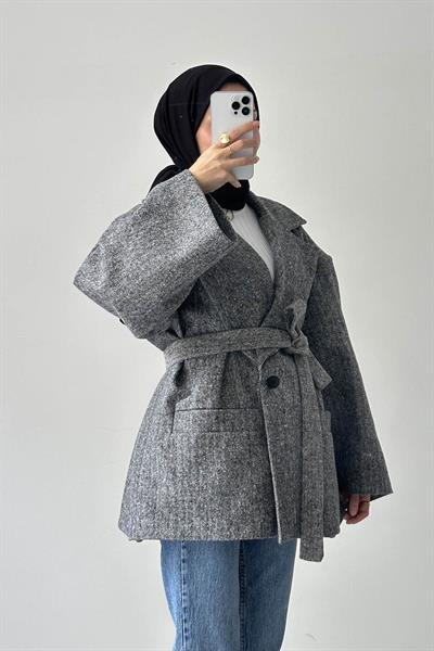 Balıksırtı Desen Kaşe Kaban Gri