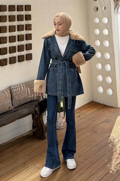 Kürklü Kot Ceket Kot Mavi