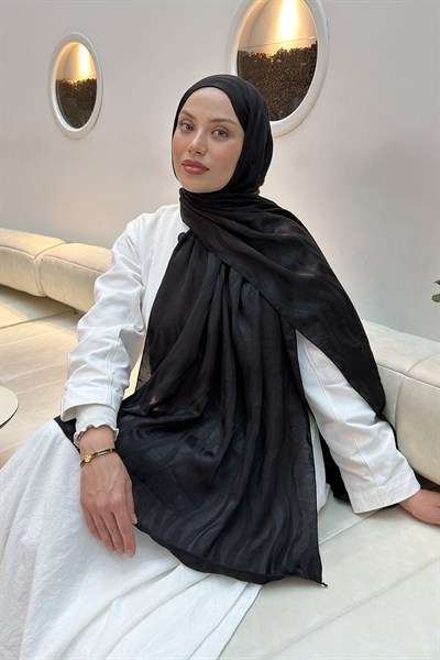 Shine Desen Ayrobin Floş Jakar Şal Siyah