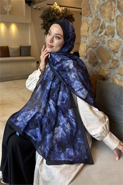 Vintage Flower Desen Bambu Şal Lacivert