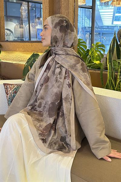 Batik Çiçek Desen Bambu Şal Asker Yeşili