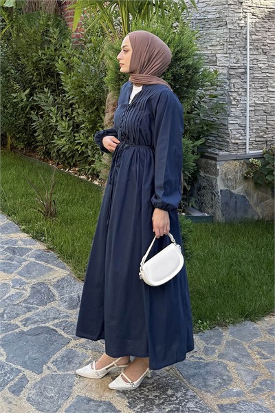 Nervürlü Vual Tesettür Elbise Lacivert