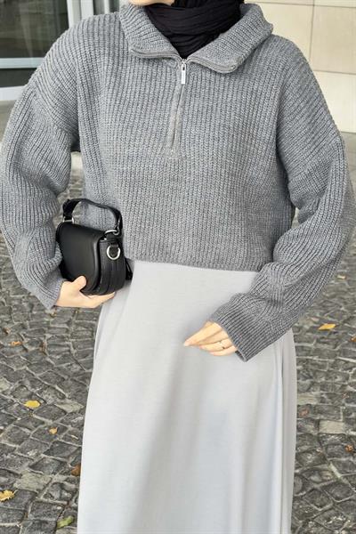 Yaka Fermuarlı Crop Triko Kazak Gri