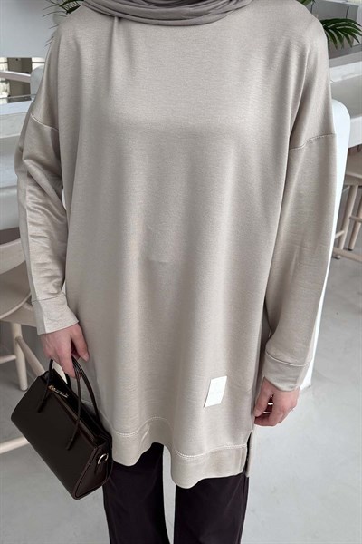 İki iplikli Arma Detaylı Sweat Tunik vizonrengi