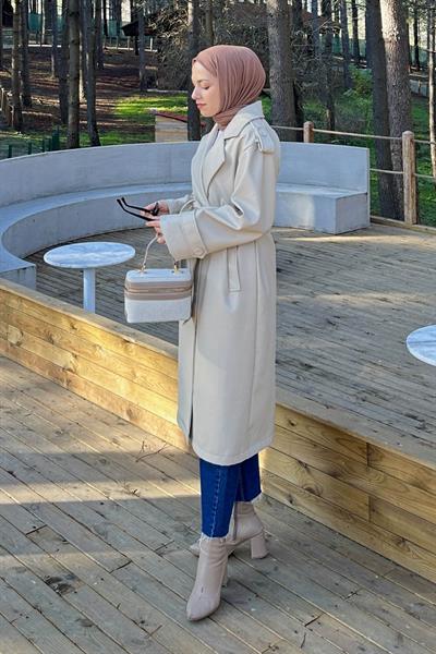 Kruvaze Yaka Deri Trenç Taş