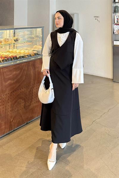 Crop Yelek-Etekli İkili Takım Siyah