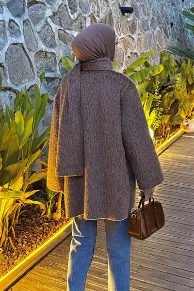 Peluş Atkılı Mont Sütlü Kahve