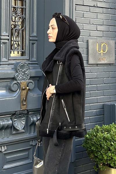 Kürk Detaylı Süet Yelek Siyah