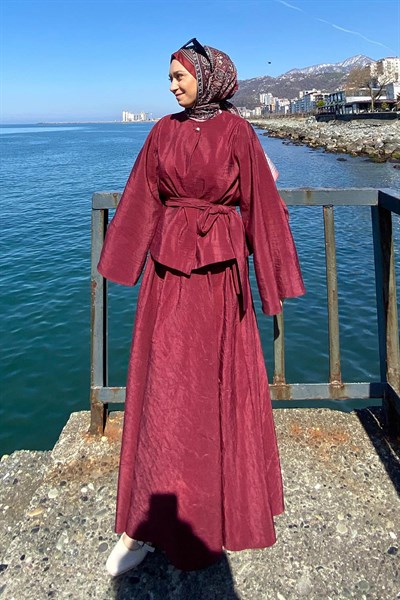 Bağcıklı Etek-Bluz İkili Takım Bordo