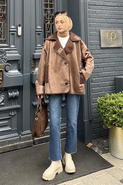 Süet Düğmeli Mont Acı Kahverengi