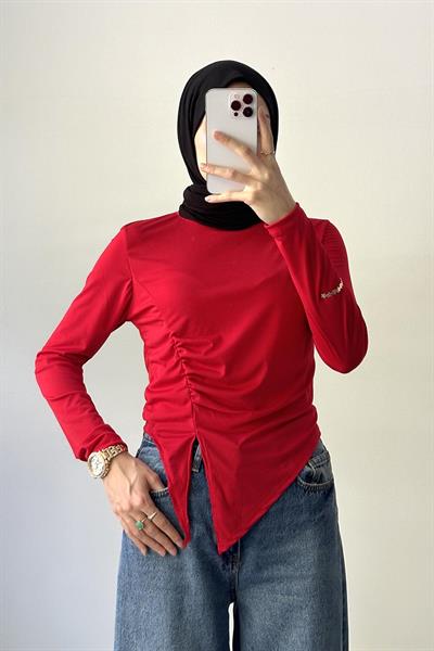 Bisiklet Yaka Yırtmaç Detaylı Sandy Body Nar Çiçeği