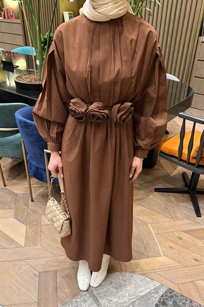 Pileli Poplin Elbise Acı Kahverengi