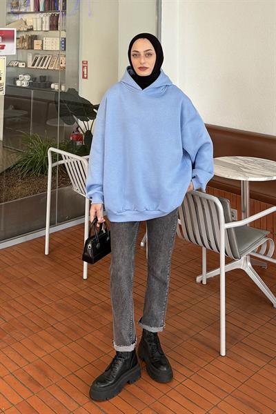 Kapüşonlu Salaş Sweatshirt Bebe Mavisi