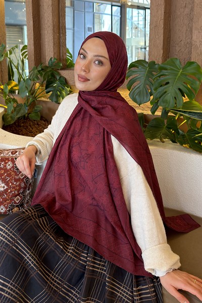 Geometrik Desen Bambu Şal Bordo