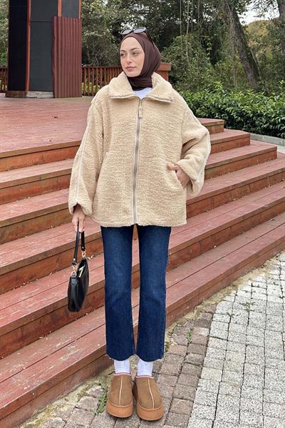 Biye Detaylı Tedy Peluş Mont Sütlü Kahve