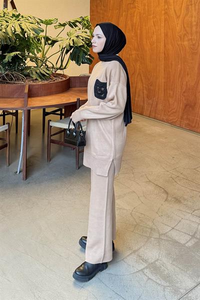 Dantel Cep Detaylı Triko Takım Camel