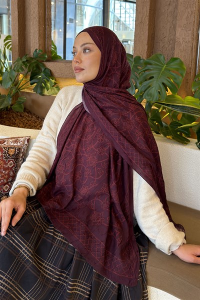 Geometrik Desen Bambu Şal Koyu Bordo