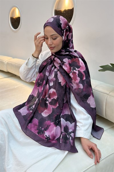 Batik Çiçek Desen Bambu Şal Mürdüm