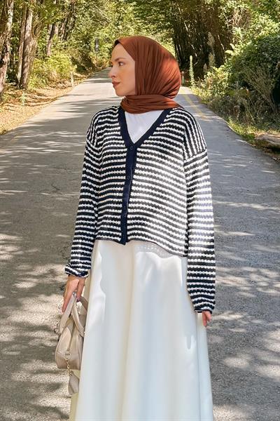 İnce Çizgili Triko Hırka Lacivert