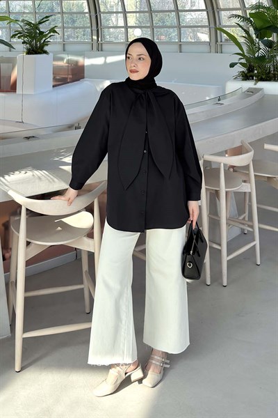 Fular Detaylı Gömlek Siyah