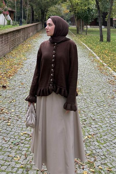 Fırfır Detaylı Hırka Acı Kahverengi