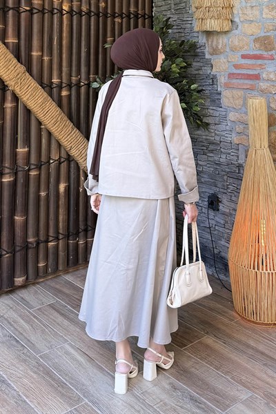 Cep Detaylı İkili Etek Tesettür Takım Siyah Gri