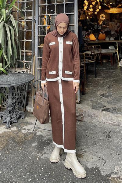 Cep Detaylı Düğme Detaylı Triko Takım Acı Kahverengi