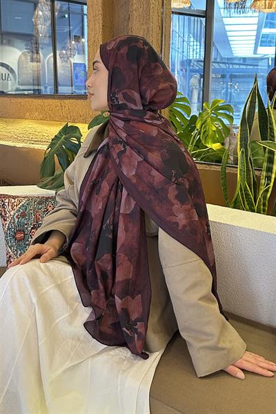 Batik Çiçek Desen Bambu Şal Koyu Bordo