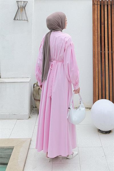 Pileli Poplin Elbise Şeker Pembesi