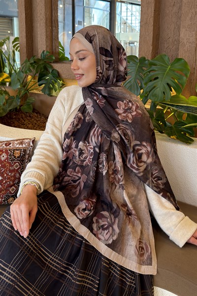 Çiçek Desen Bambu Şal Bej