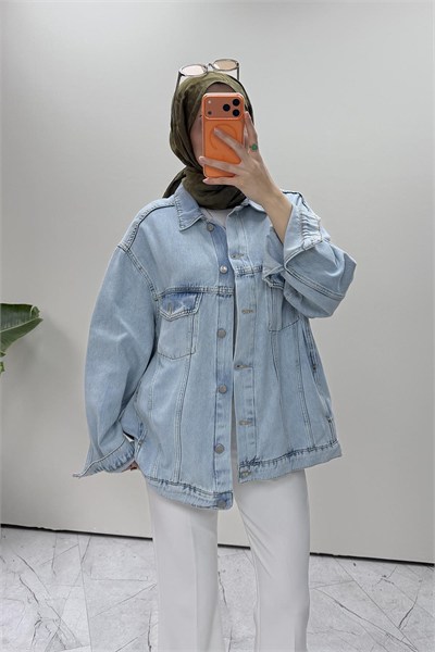 Çift Cepli Oversize Ceket Buz Mavisi