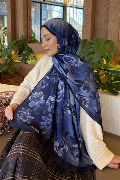 Çiçek Desen Bambu Şal Lacivert