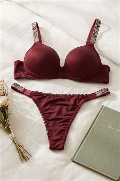 Mikro Kumaş Düz RenkTaşlı Destekli Sütyen Takımı Bordo
