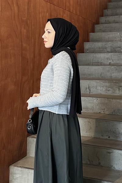 Links Desenli Crop Hırka Gri