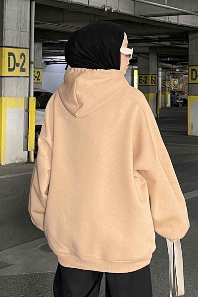 Kapüşonlu Oversize Yan Cepli Sweat Sütlü Kahve