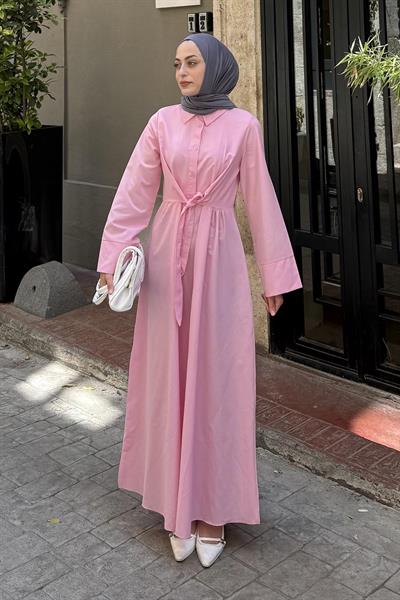 Ön Bağlama Detaylı Tesettür Elbise Pembe
