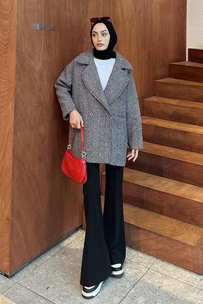 Balık Sırtı Kruvaze Kaban Gri