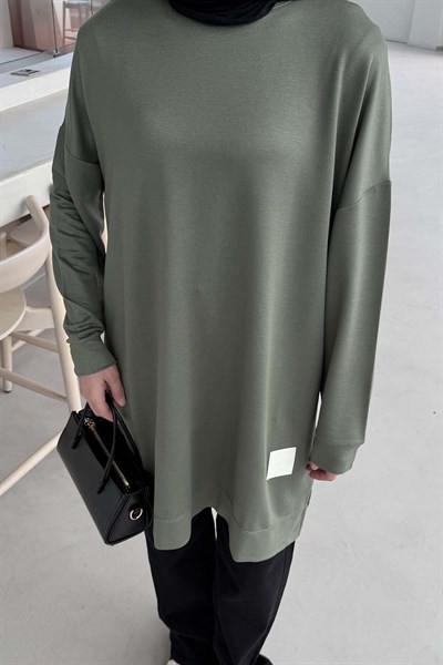 İki iplikli Arma Detaylı Sweat Tunik Haki