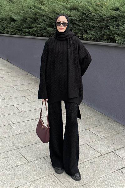 Atkılı Örgü Desen İkili Takım Siyah