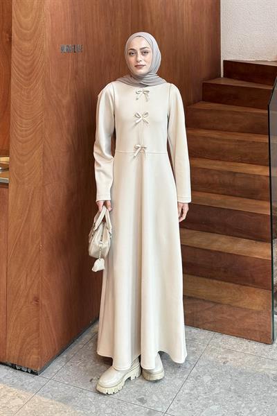 Kurdela Detaylı Scuba Elbise Krem