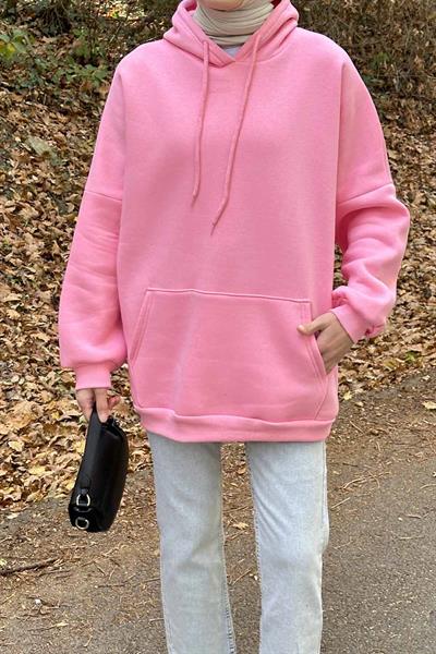Üç İplik Kanguru Cep Sweatshirt Pembe