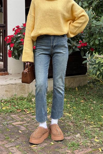 Kesik Paça Fit Jean Mavi Yıkama