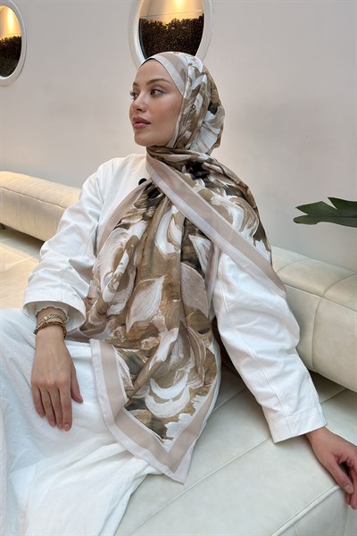 Çiçek Desen Pamuk Şal Koyu Bej