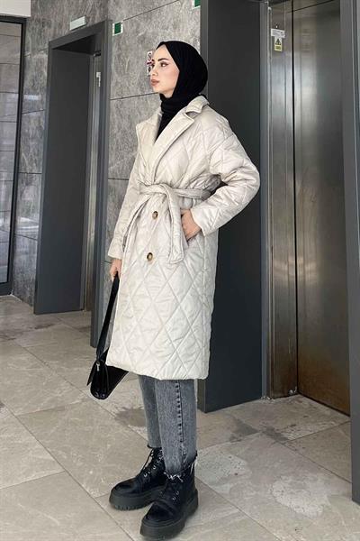 Ceket Yaka Beli Kuşaklı Kapitone Mont Taş