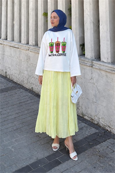 Basic Oversize Matcha  Baskılı Bluz Beyaz