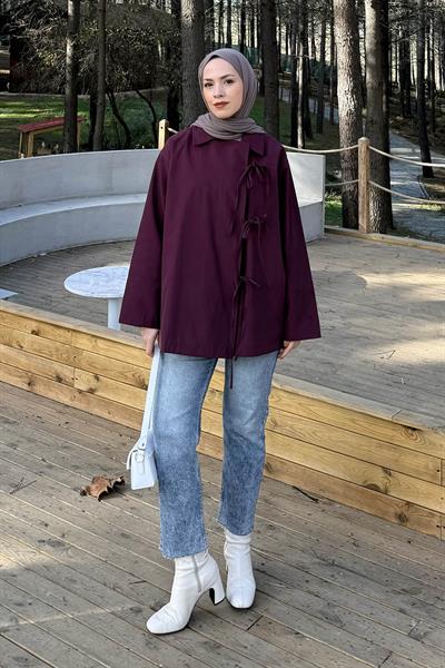 Fiyonk Detaylı Trençkot Mürdüm