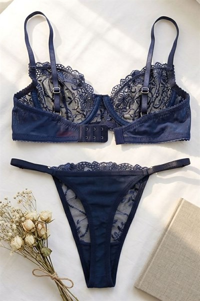Bordo Dantelli Bralet Sütyen Takım Lacivert