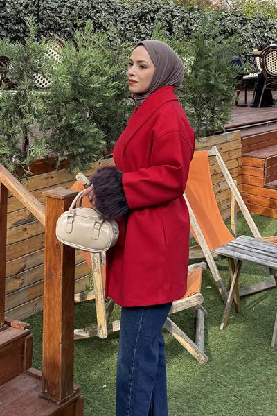 Kol Kürk Detaylı Kaşe Kaban Nar çiçeği