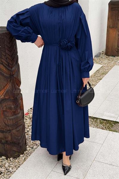 Pileli Poplin Elbise Lacivert